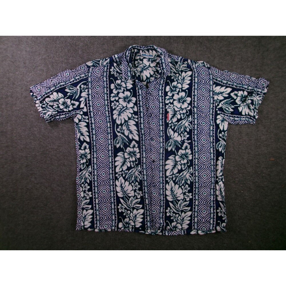 Samson Shirt Mens L Blue Hawaiian Aloha Floral Tropical Button Up Casual Rayon